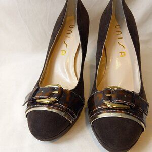 UNISA Brown Suede Heels w/ Tortoise Buckle Detail |